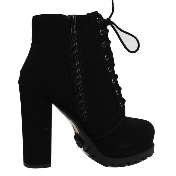 Black Lace Up Lug Block Heel Ankle Boot - Picture 5 of 7